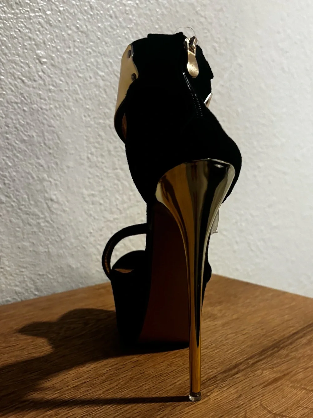 NWOT - Black Suede Stiletto Sandals with Gold Accent Ankle Cuff